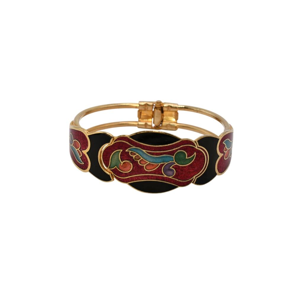 Vintage Gold Tone Enamel Hinged Bangle Bracelet Black Red Multicolor